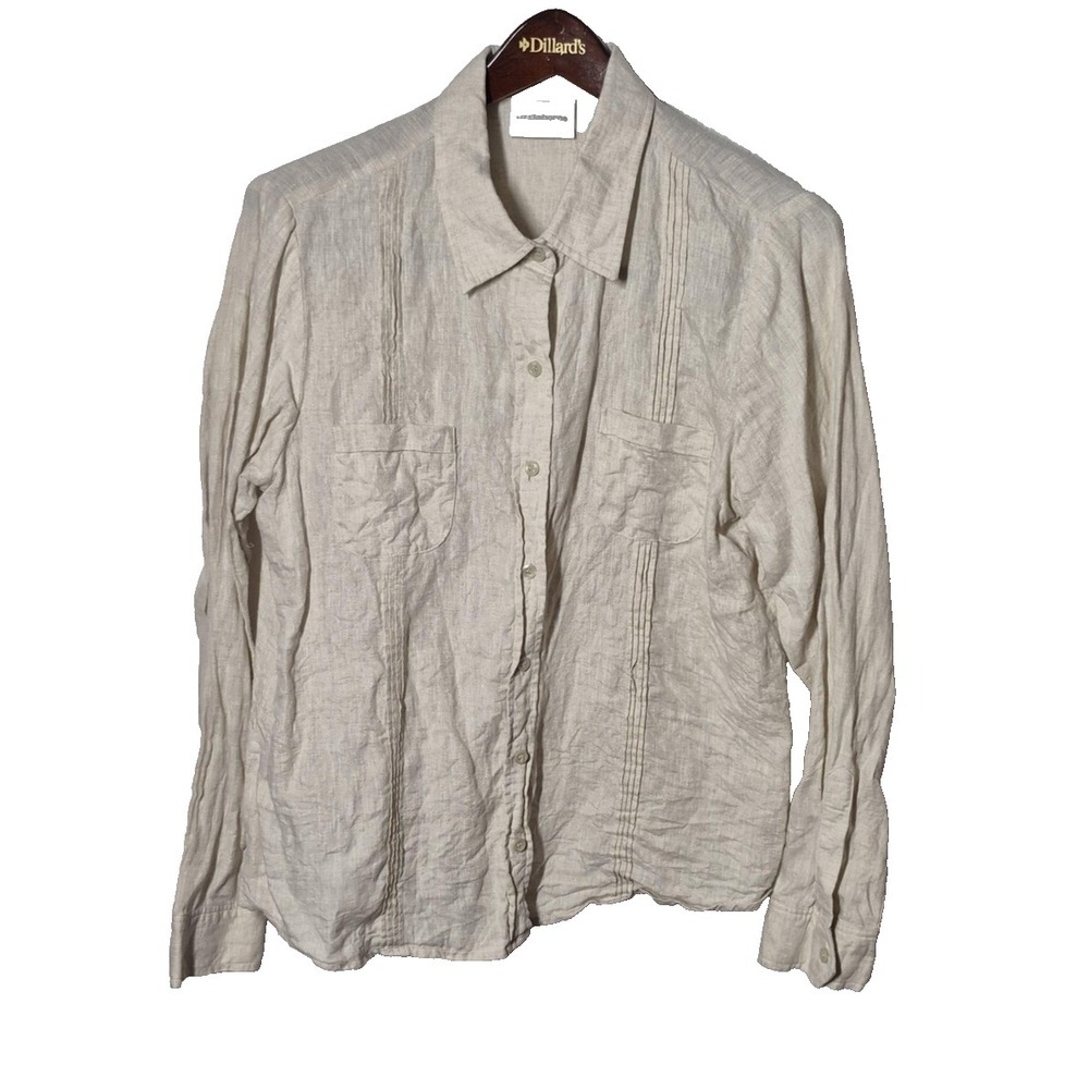 Liz Claiborne 100% Linen Shirt Womens 12 Beige Button Front Long Sleeve Top